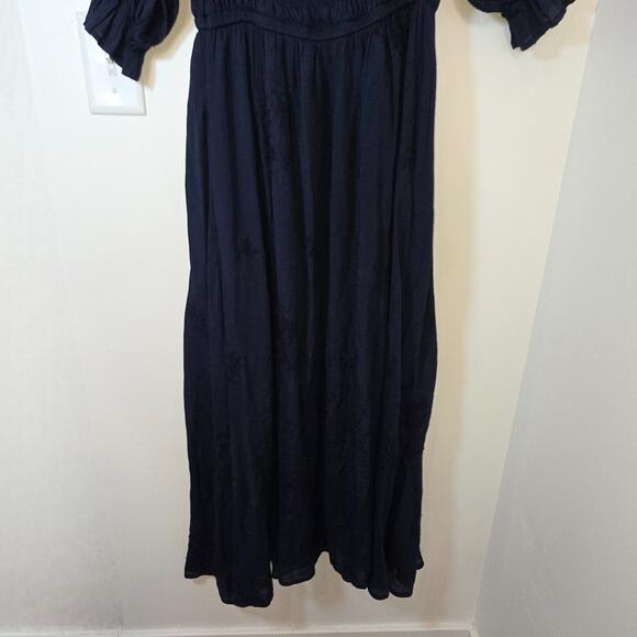 Smocked waist peasant square neck dress Large Navy Rayon Puff Sleeve Cottagecore - Picture 8 of 9